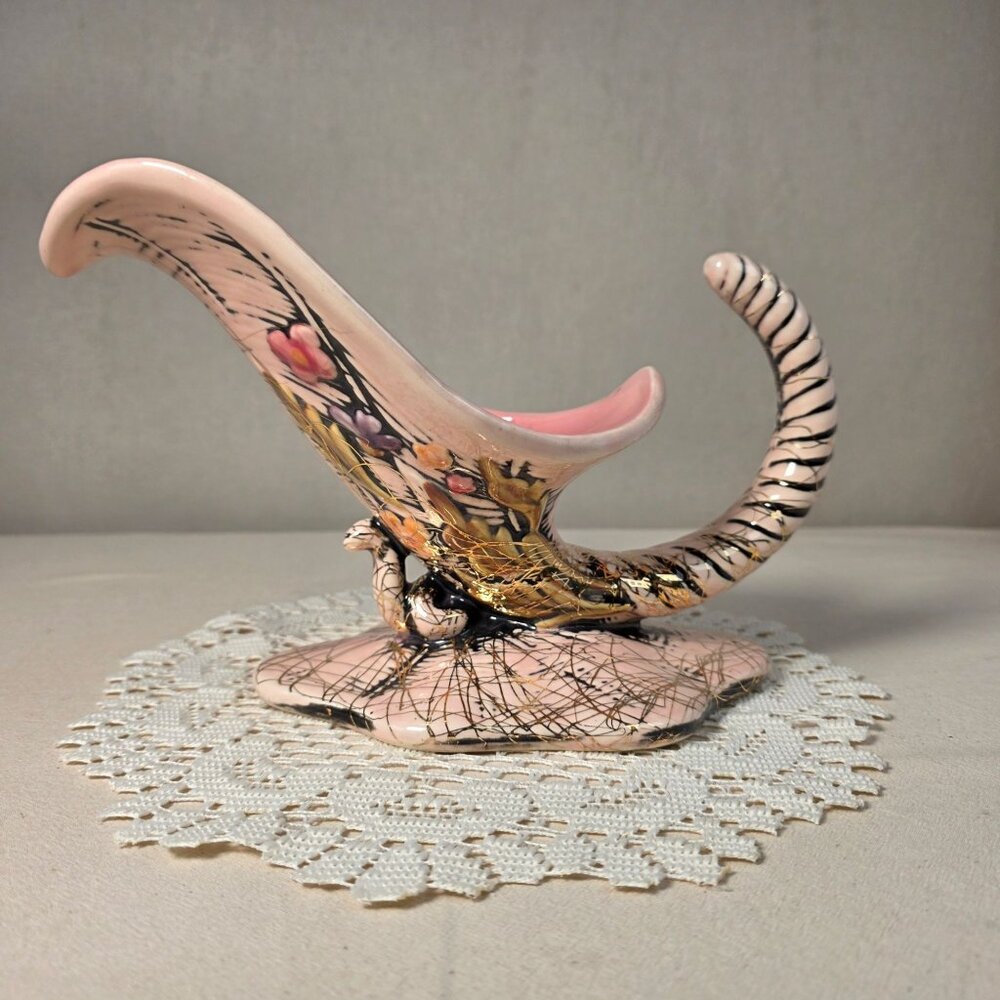 Vintage Hull Pottery Pink Ceramic Cornucopia Vase With Gold Accents & Floral